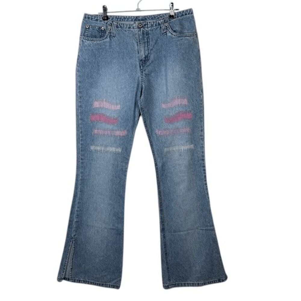 Vintage Y2K OTB One‎ Tuff Babe Jeans Pink Paint Split Hem Medium Wash Size 7/8